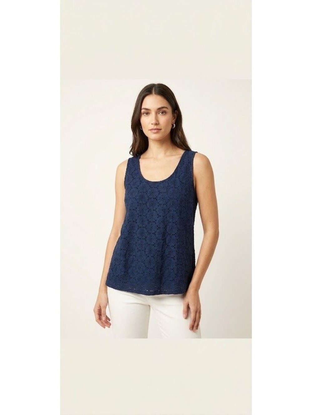 Linda Matthews Womens XL Blue Eyelet Embroidered Tank Top Cotton NWT